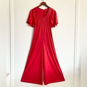 Vintage 1970s Red Silky Dolman Short Sleeve Wide Leg Flared Jumpsuit EUC!